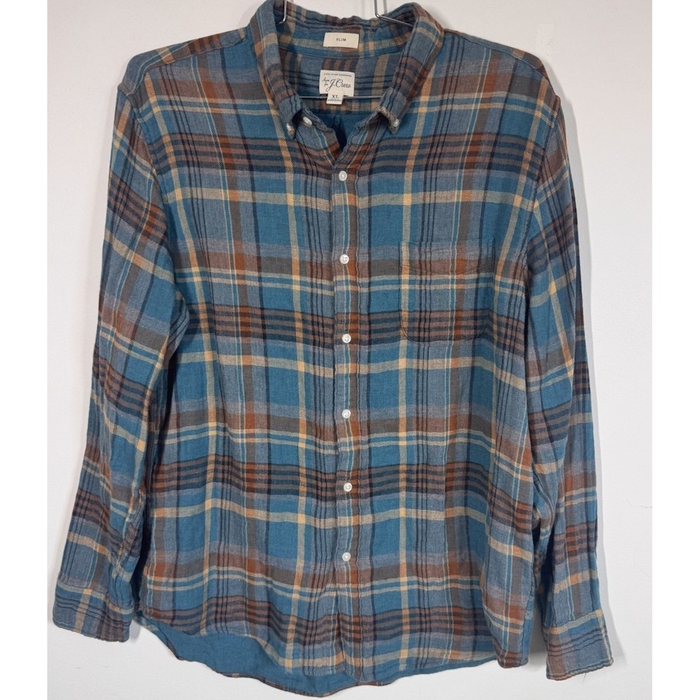 J Crew Slim Fit Double Weave Plaid Button Down Shirt Men's XL Camping Outdoors